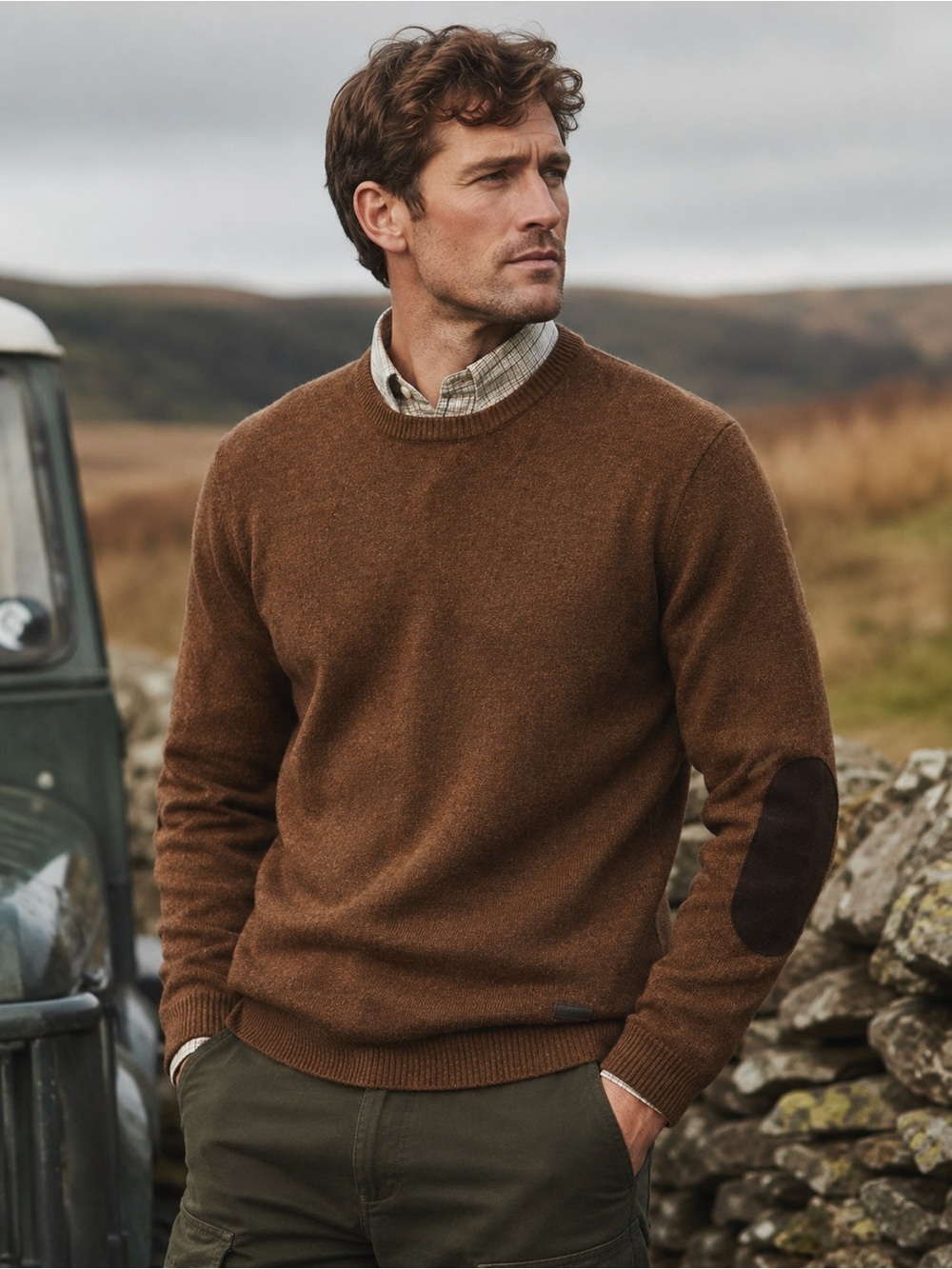 Barbour 100% Wool Elbow Patch Crewneck Sweater Brown XL Classic